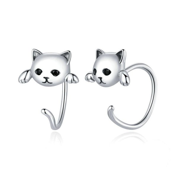 New 925 Sterling Silver Kitty Hug Earrings - Picture 2 of 6